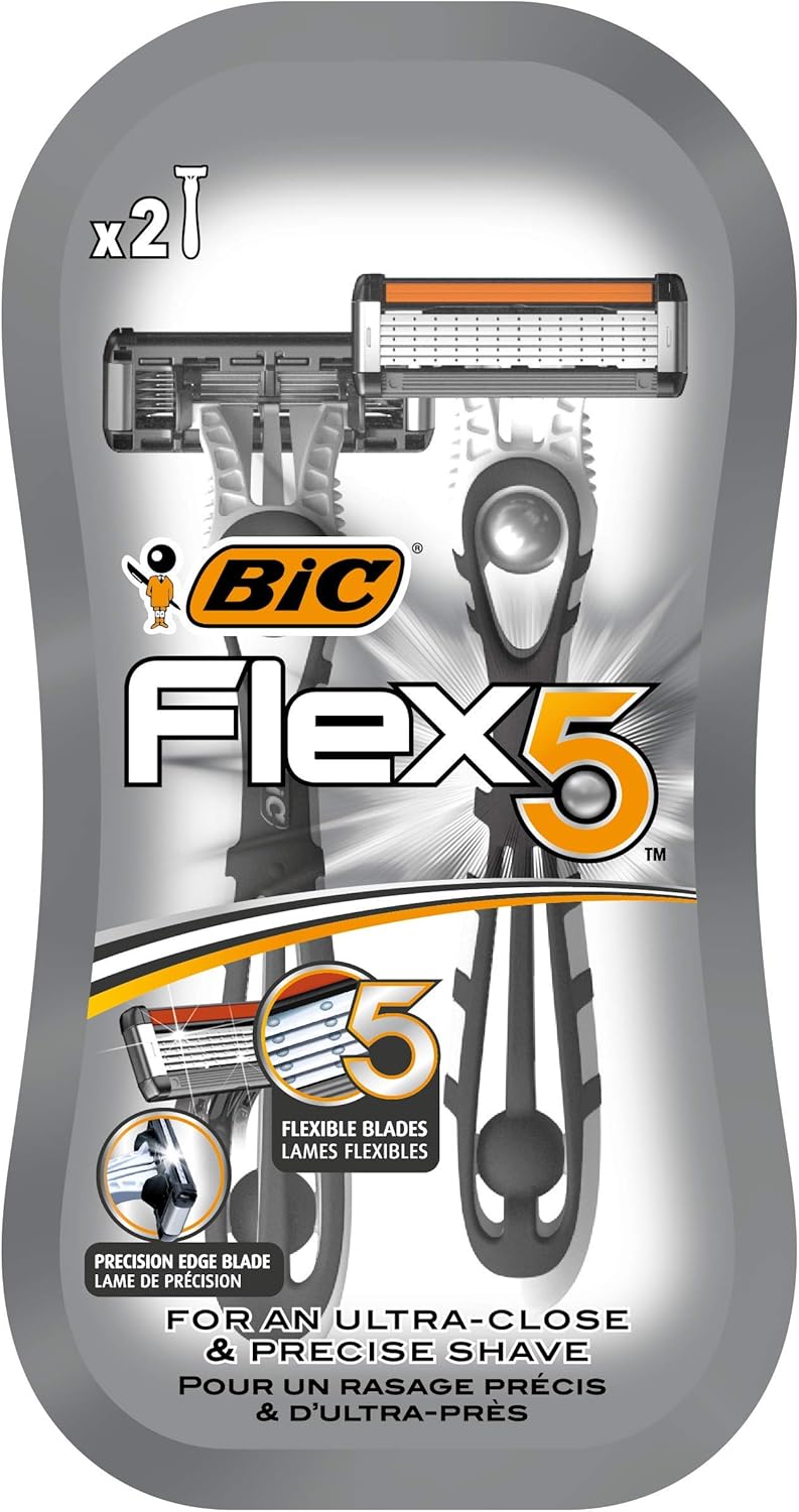 Bic Flex 5 Men's Razors - Pack Of 2 - Disposable Razors With Five Nano-Tech, Moveable Blades For Ultra Close Shave
